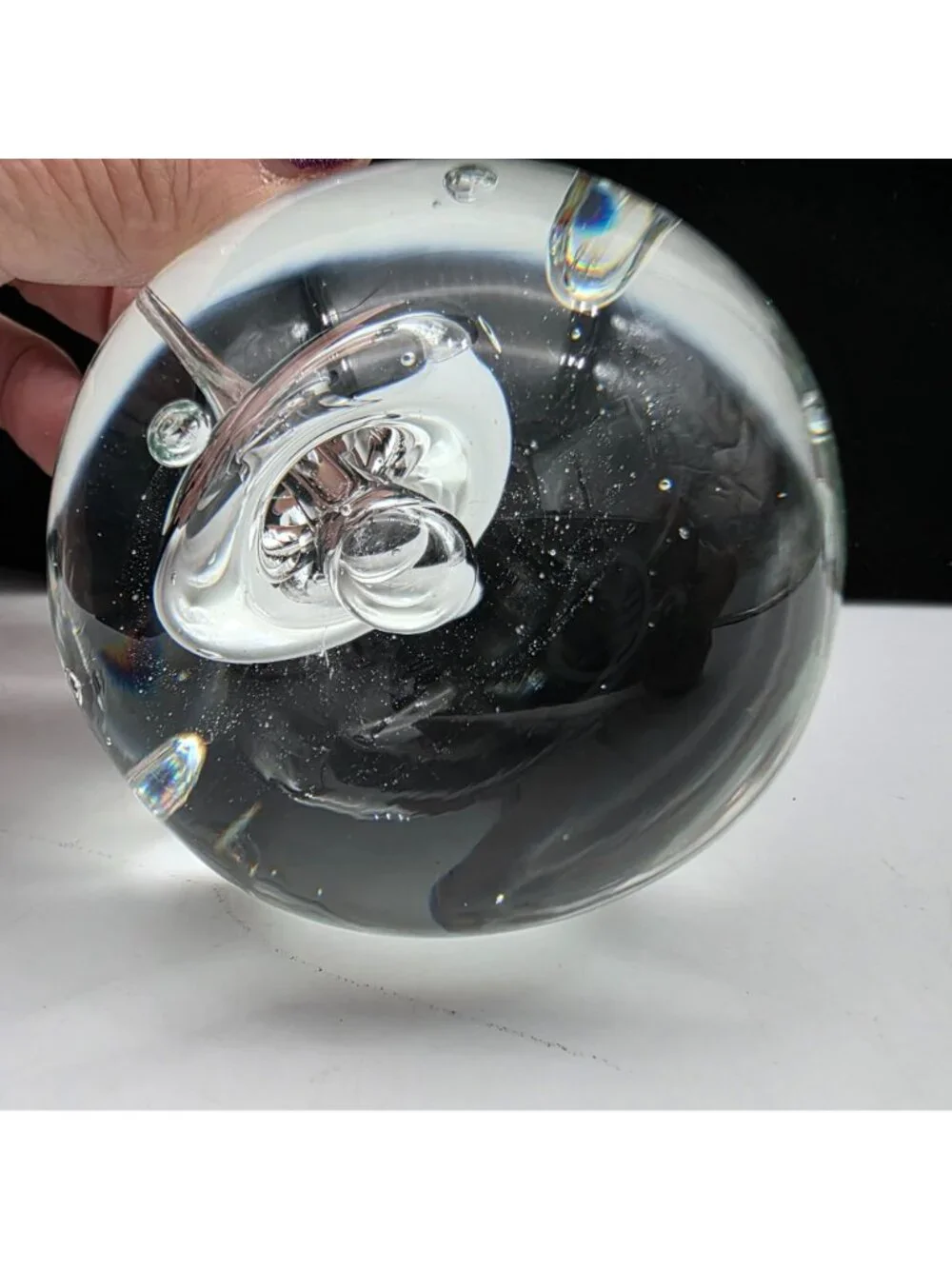 Hand Blown Clear Glass Paperweight With Controlled Bubbles Clear Smooth Base 3